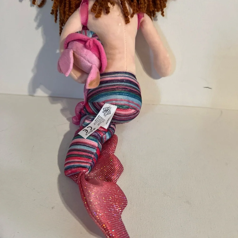 The Petting Zoo Pink Fin Mermaid Brown Skin Brunette Hair Turtle Pet Plush 17 “